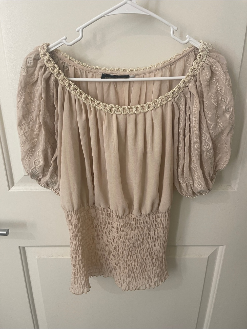 Boho Off-Shoulder Smocked Waist Blouse in Light Beige